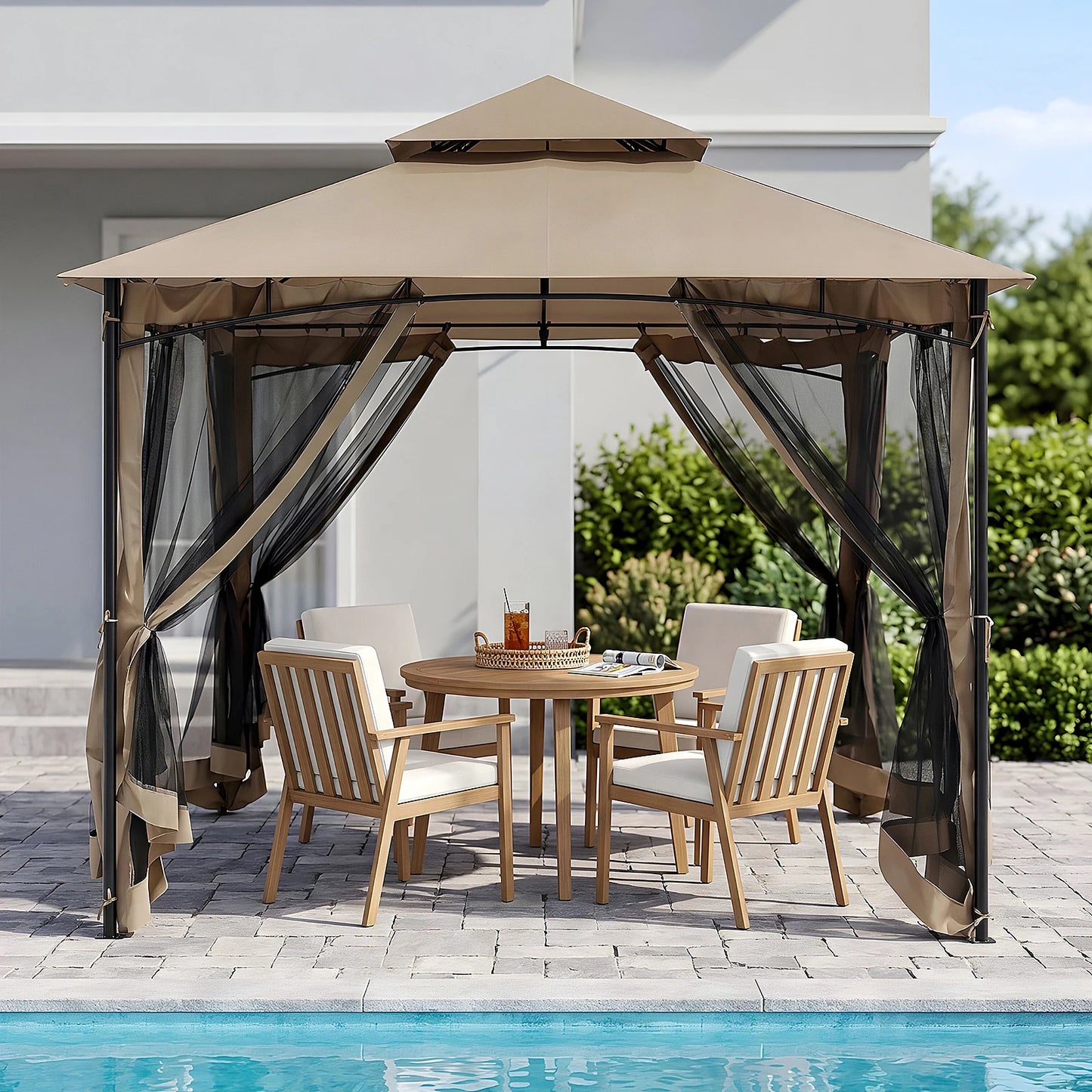 SeeHill Outdoor Gazebo Steel Frame With Double Roof Mosquito Netting