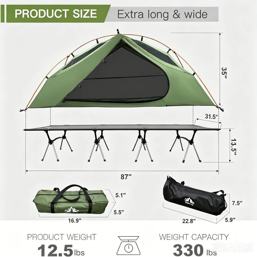 Night Cat Camping Cot Tent - Waterproof 1-Person Off-Ground Combo Cot Bed for Adults Outdoor Camping Fishing Hunting Portable Easy Set-up Tent