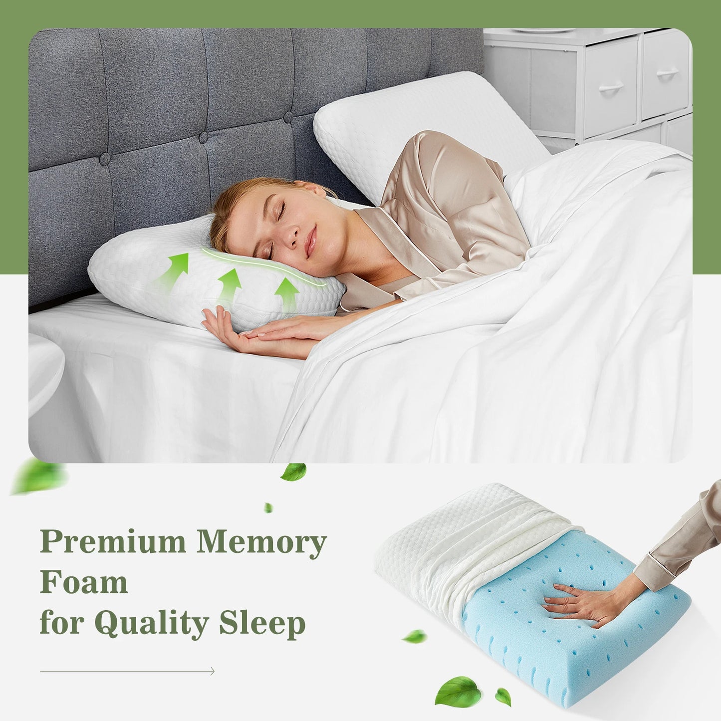 JHK Two Piece Memory Foam Pillows Ventilated Cooling Removable Cover