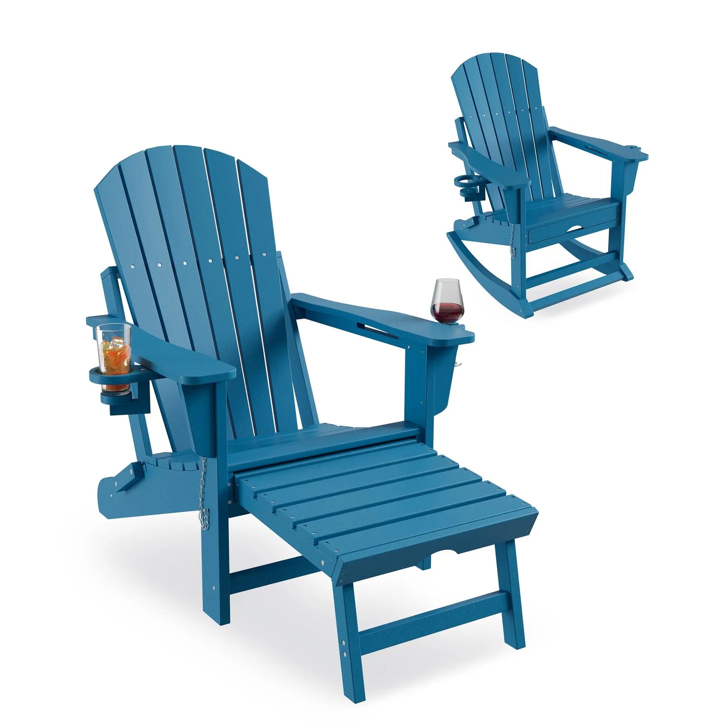 Rocking Chairs Folding With Footrest, Adirondack RockingChair Outdoor With Retractable Ottoman and Cup Holder