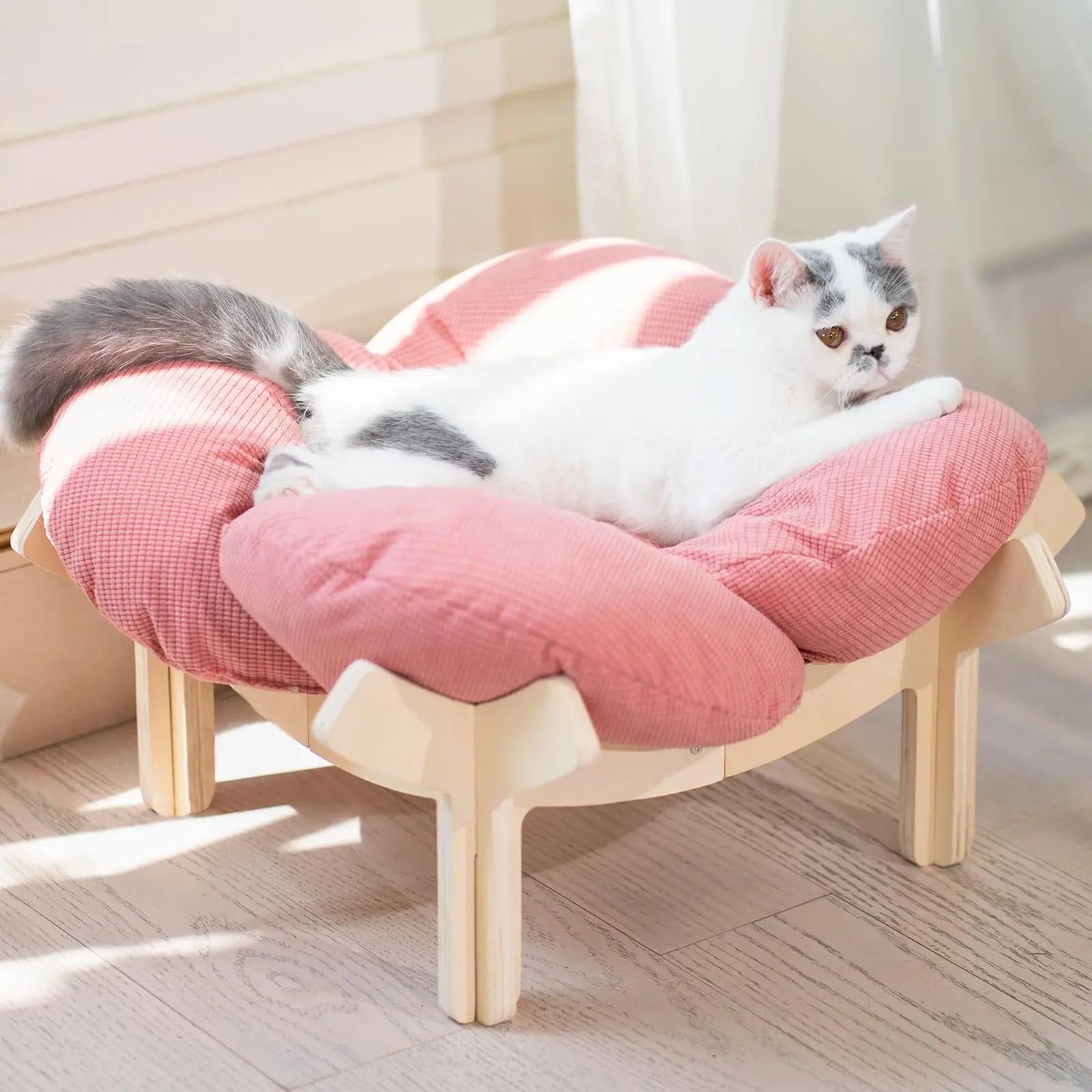 Elevated Cat Bed Wooden with Cushion Fluffy Pet Couch Sofa for Indoor Cats Raised Kitty Lounge Chair Suitable for