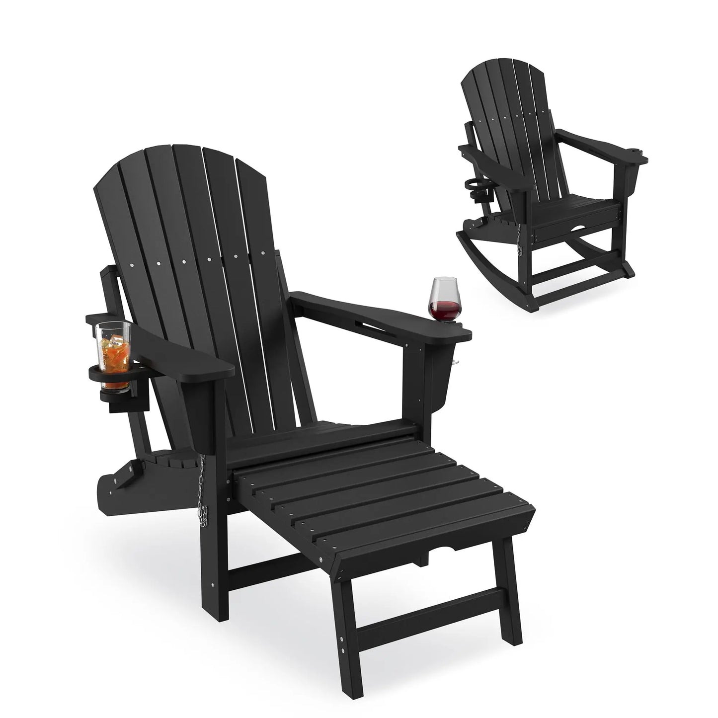Rocking Chairs Folding With Footrest, Adirondack RockingChair Outdoor With Retractable Ottoman and Cup Holder