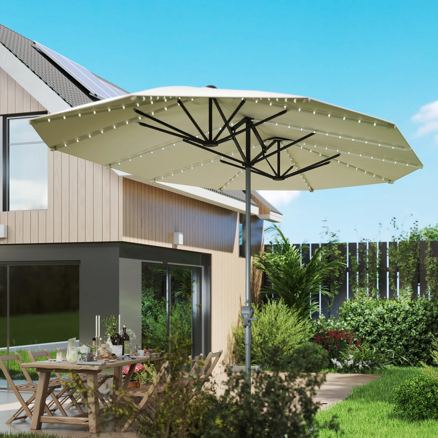 15ft Patio Umbrella Solar Lights UPF50+ Outdoor Umbrella Cream