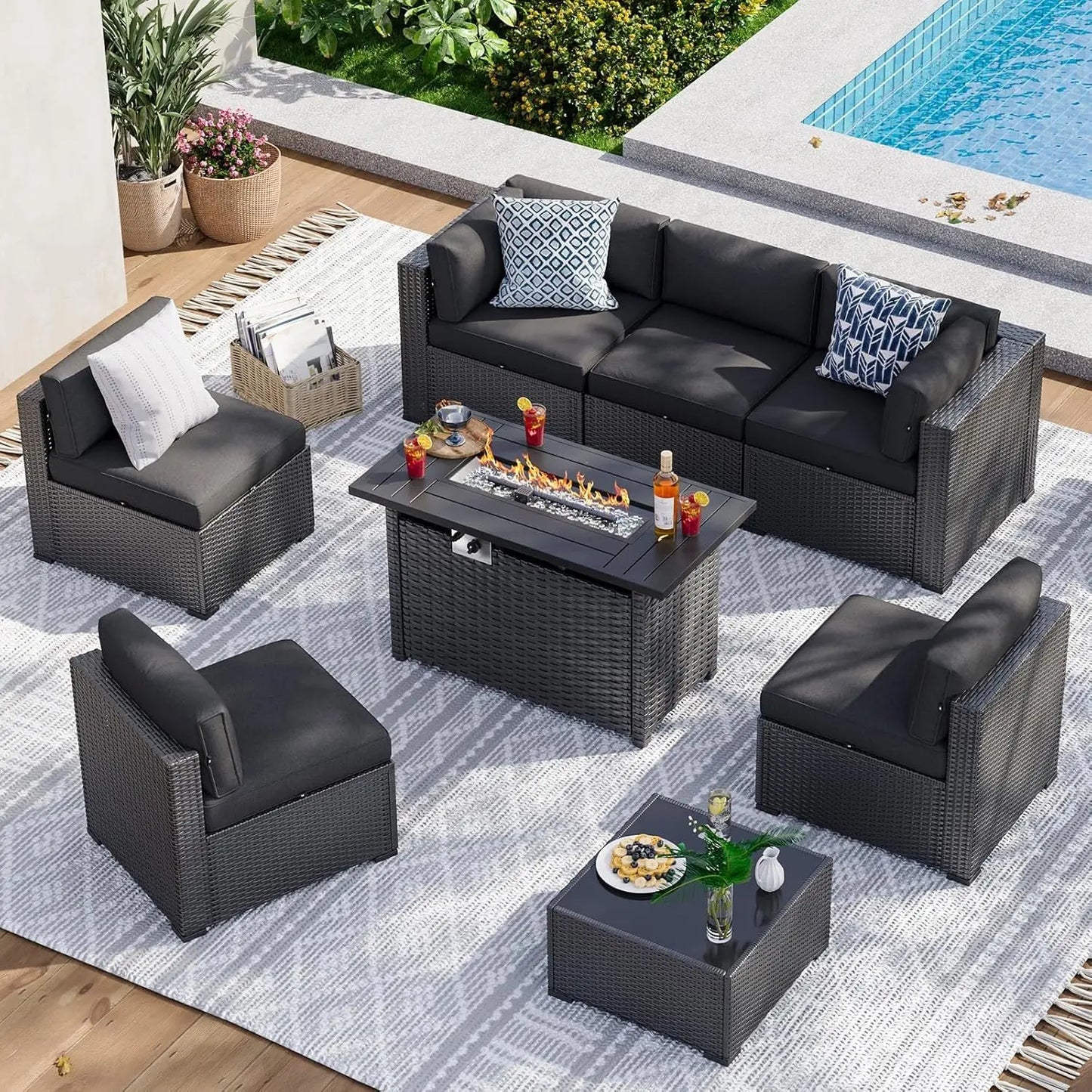 Patio Furniture Set With Fire Pit Table And Wicker Sofa