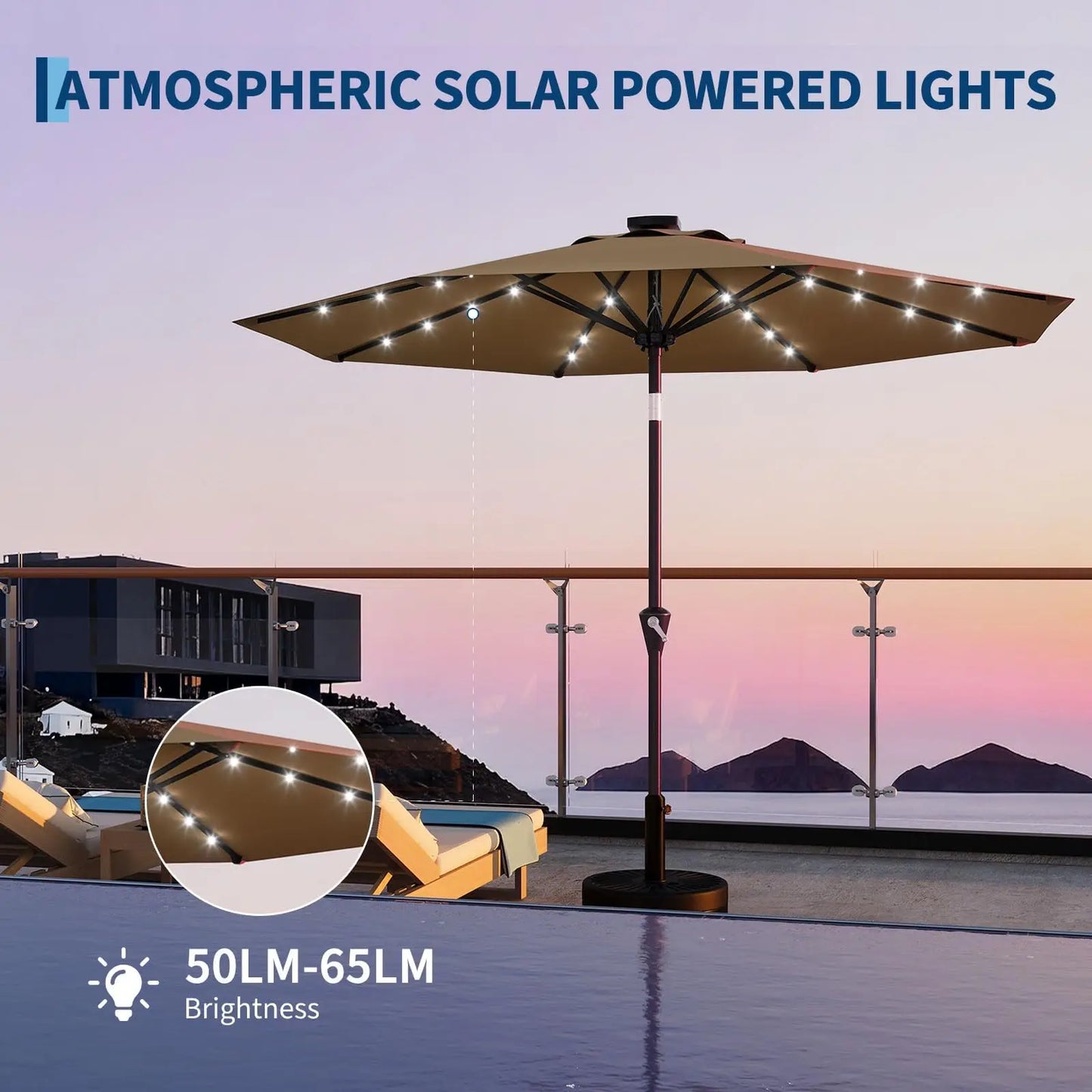 10FT Solar Powered Patio Umbrella With 32 LED Lights Khaki Large Outdoor Parasol Crank Lift And Push Button Tilt System 8 Sturdy Ribs UV Protection Waterproof Sun Umbrella For Garden Pool And Table