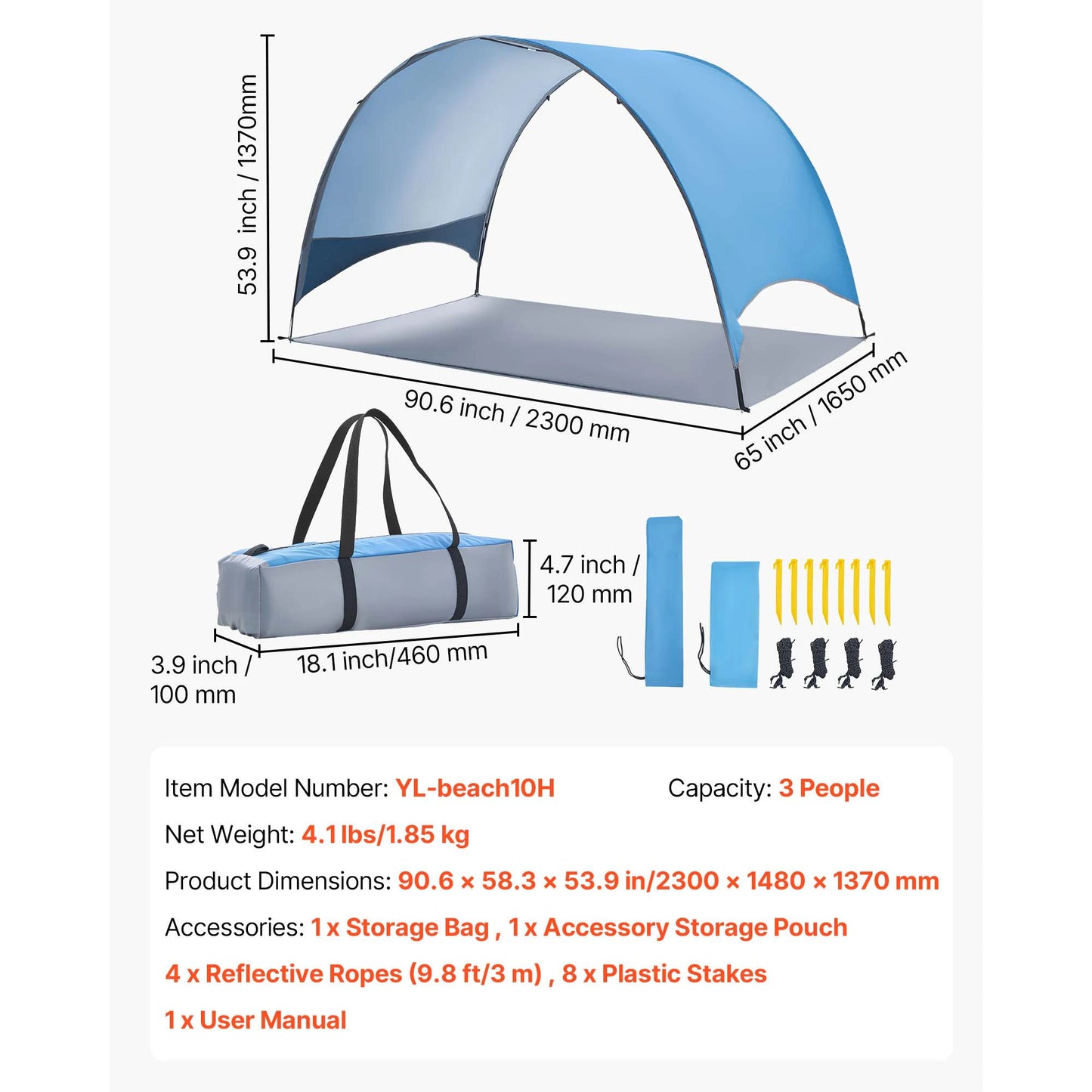 SucceBuy Beach Tent Sun Shelter for 3/4 Person UPF 50+ Protection Portable Sun Shade Canopy for Camping Fishing Outdoor Picnic