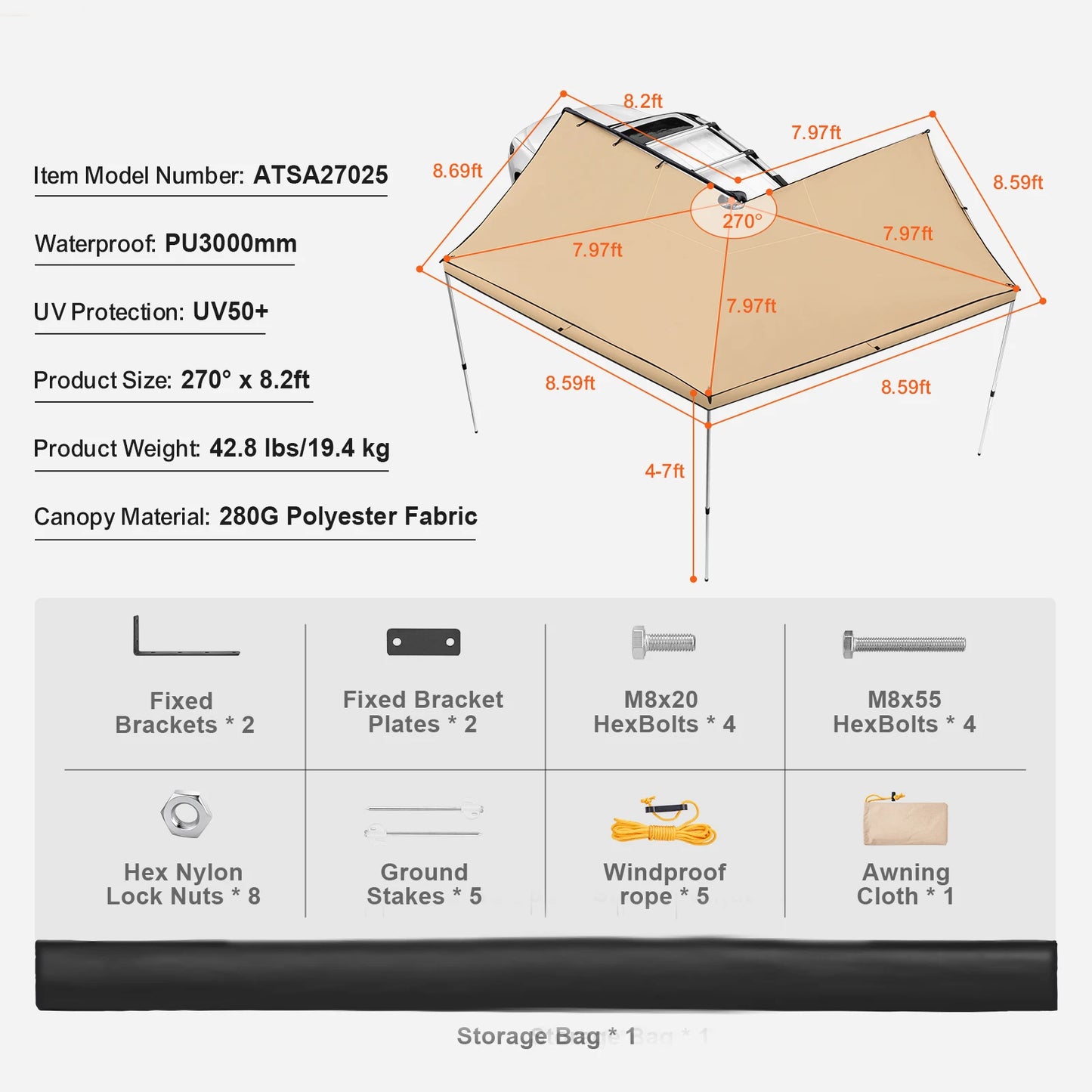 SucceBuy Vehicle Awning Retractable Car Side Awning Car Awning with Waterproof Storage Bag Suitable for Truck SUV Van Campers