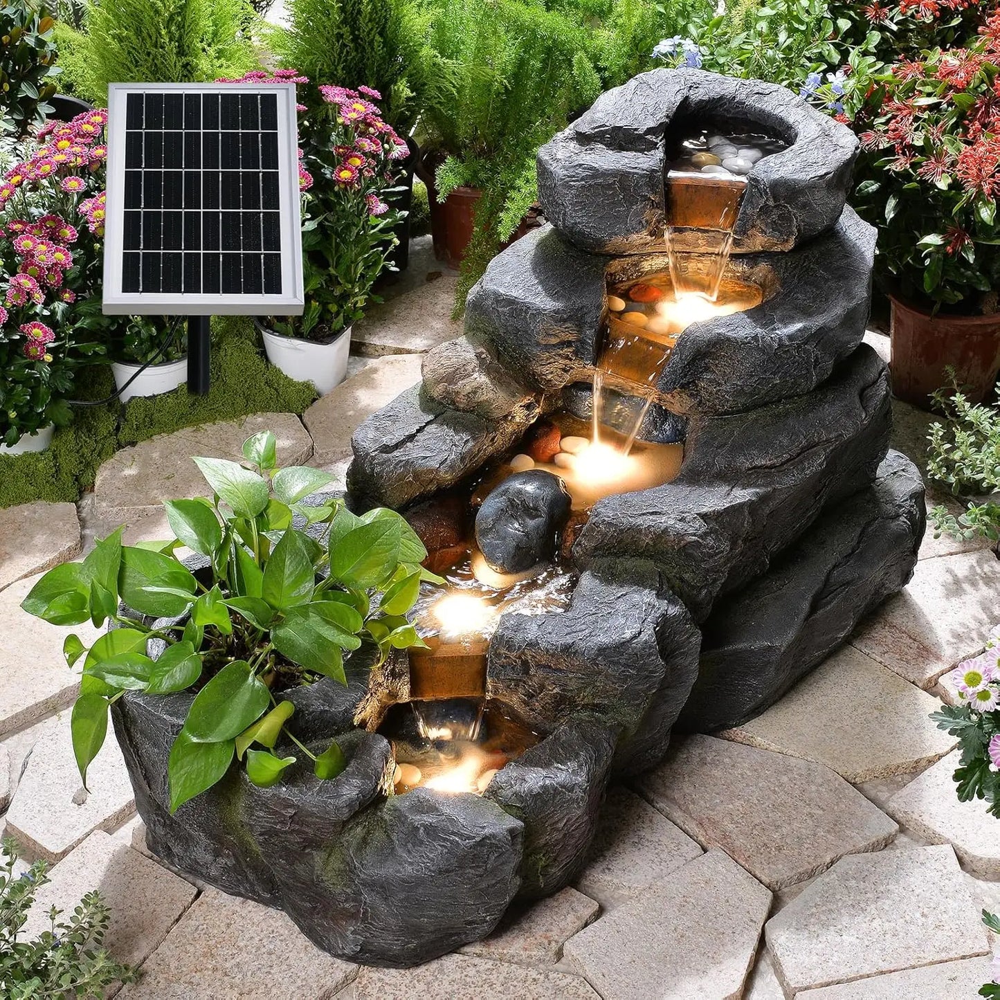 Solar Powered 5-Tier Rock Water Fountain Outdoor Garden