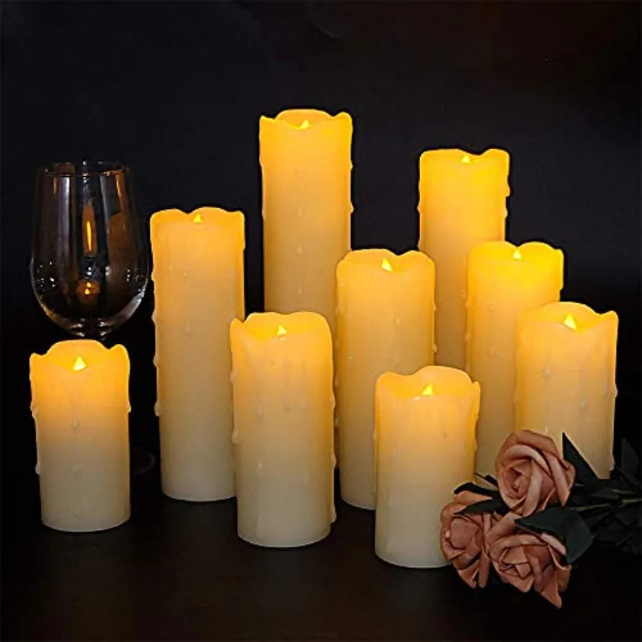 Flameless Flickering LED Real Wax Pillar Candles Set Of 9 With Remote And Timer
