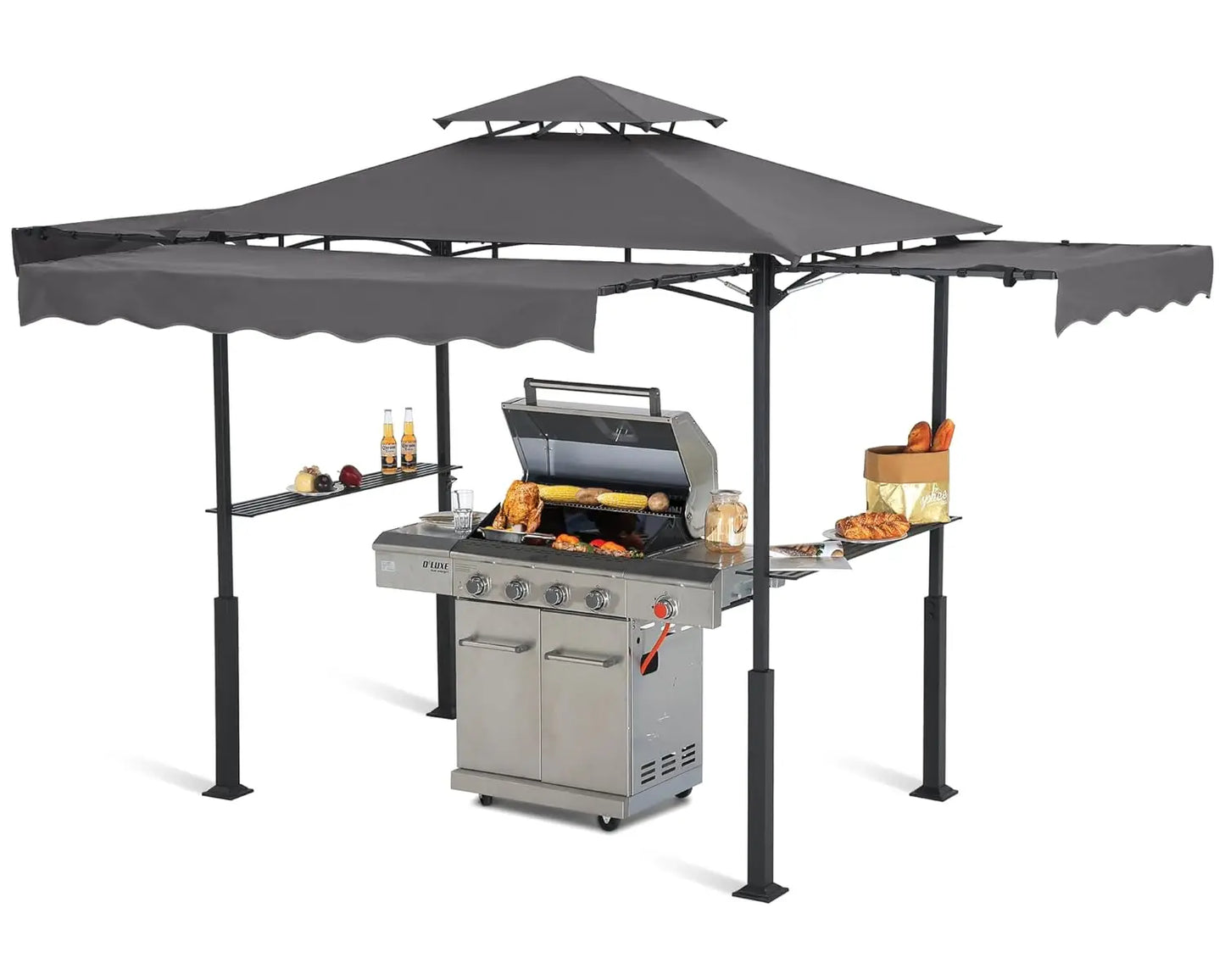 Grill Gazebo with 3 Side Awnings - 14x5 Outdoor BBQ Canopy Shelter with 2 Led Lights for Patio Backyard Grilling, Customized