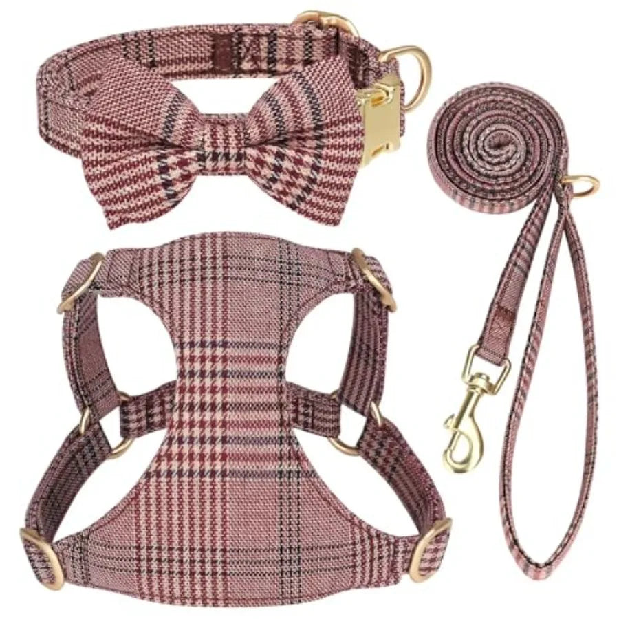 Dog Harness And Leash Set With Bowtie Soft Adjustable Plaid