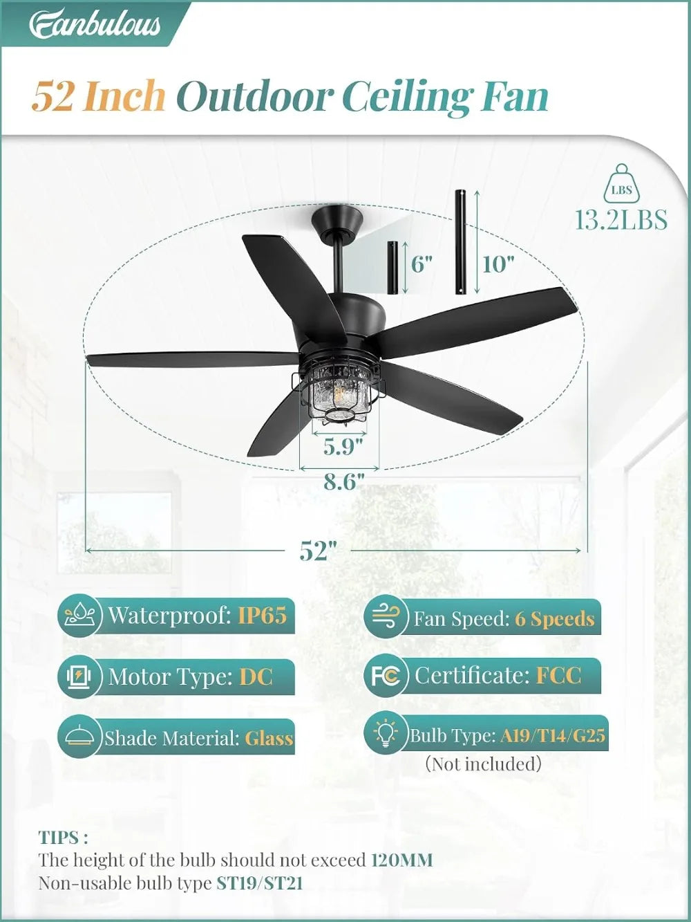 Outdoor Ceiling Fan With Lights And Remote IP65 Wet Rated