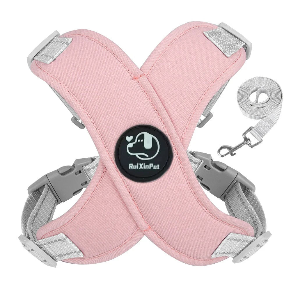 Reflective Adjustable Dog Harness Leash Set With Metal D Ring Chest Strap