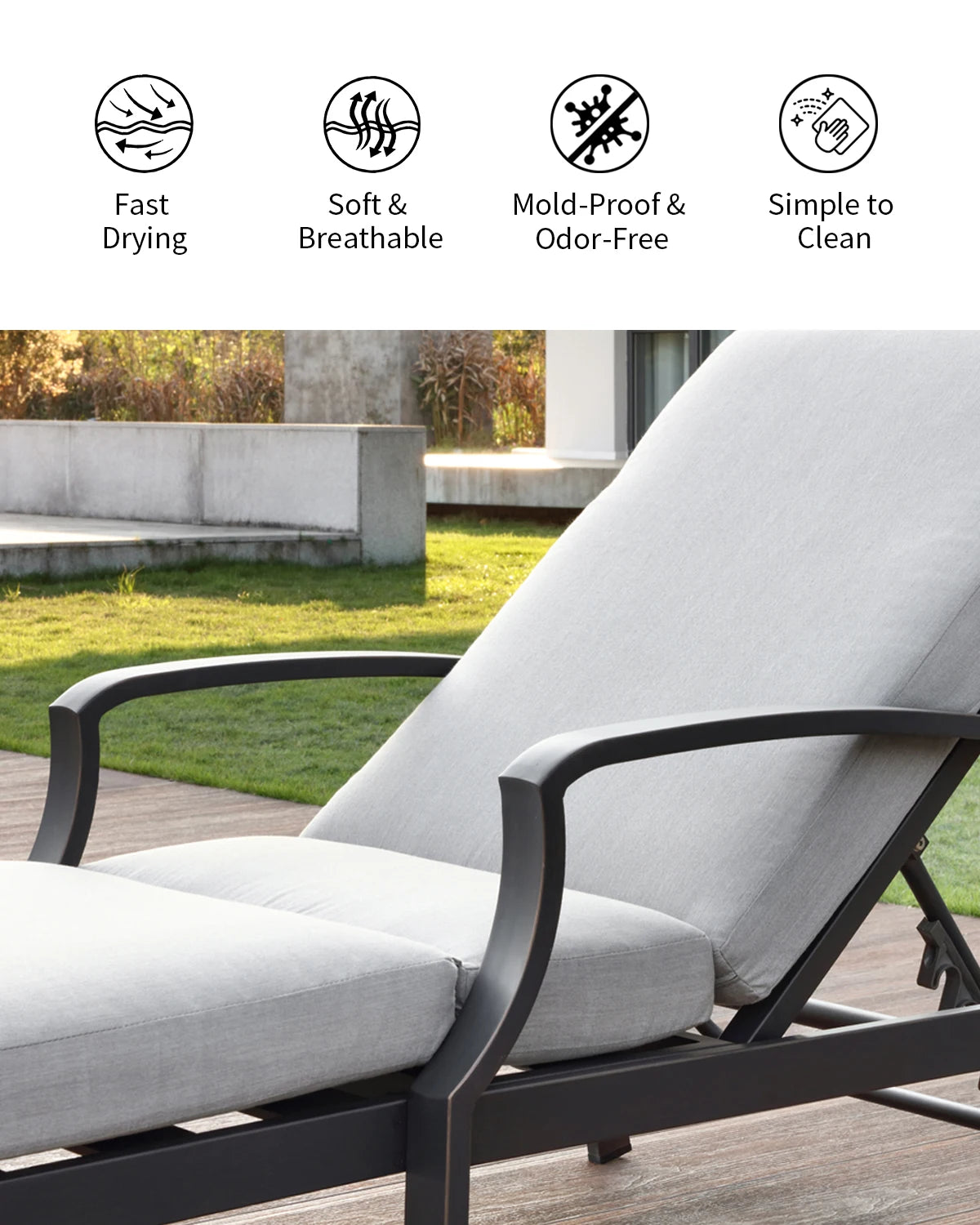 SeeHill Aluminum Outdoor Chaise Lounge Chair with Cushion, Adjustable Backrest Pool Lounger for Patio or Deck Use, Gunmetal