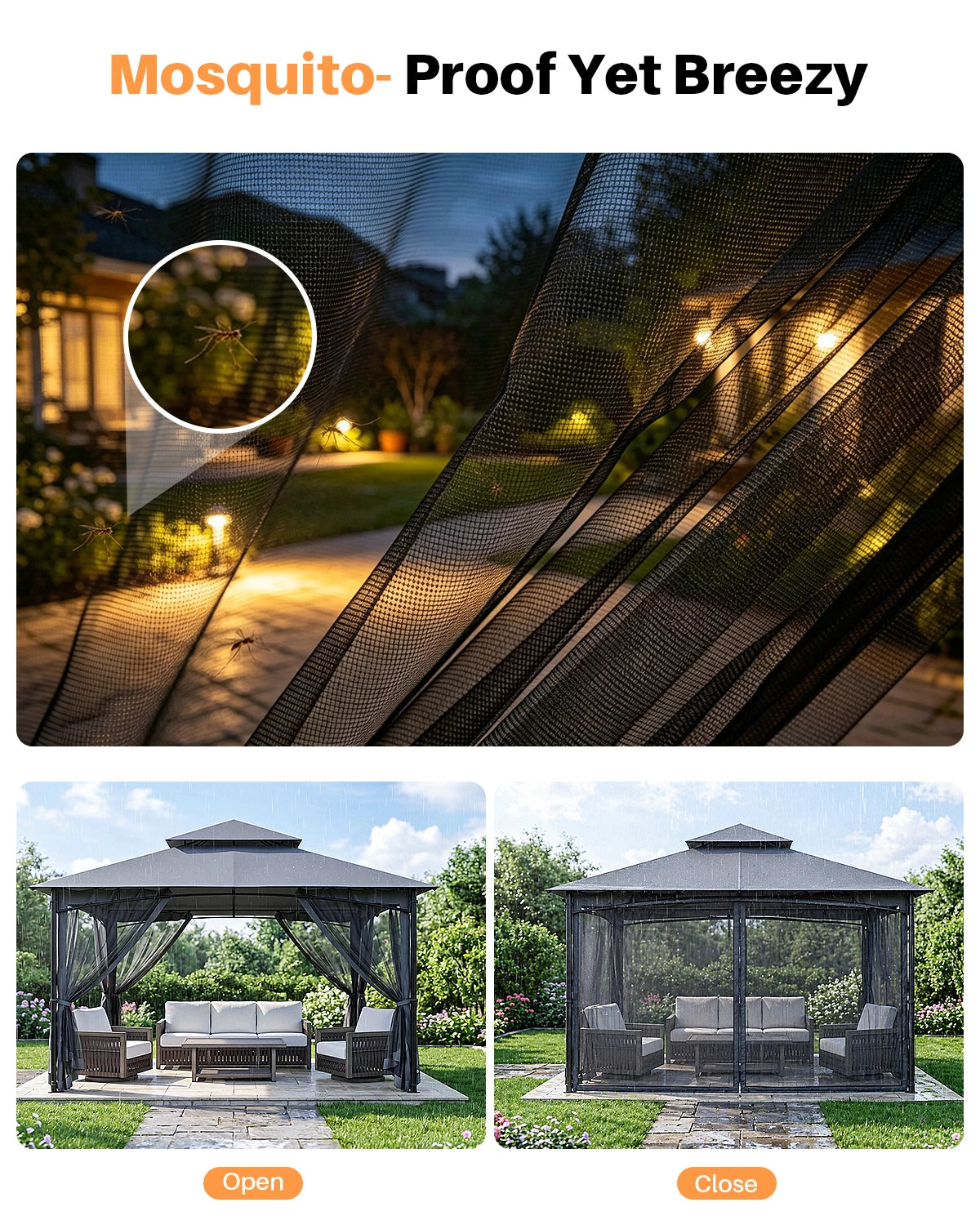 SeeHill Outdoor Gazebo Steel Frame With Double Roof Mosquito Netting