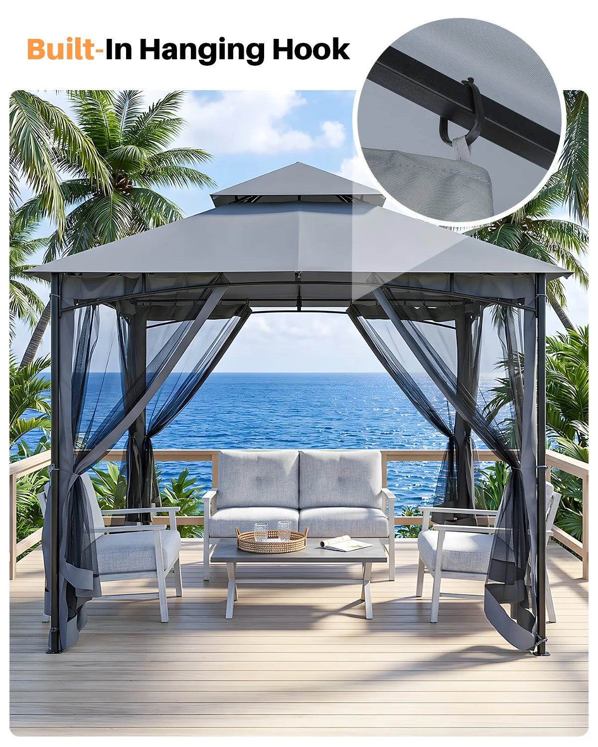 SeeHill Outdoor Gazebo Steel Frame With Double Roof Mosquito Netting