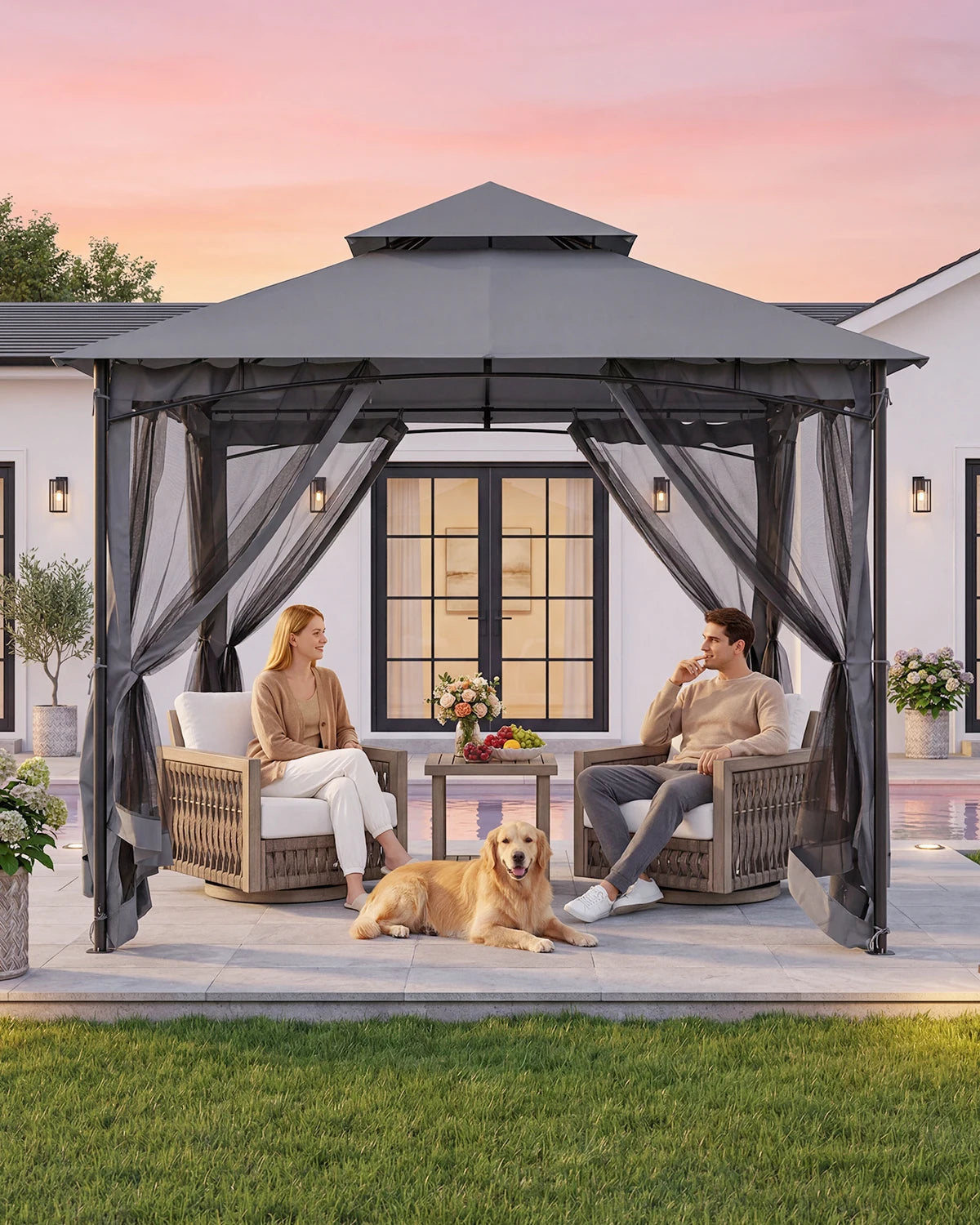 SeeHill Outdoor Gazebo Steel Frame With Double Roof Mosquito Netting