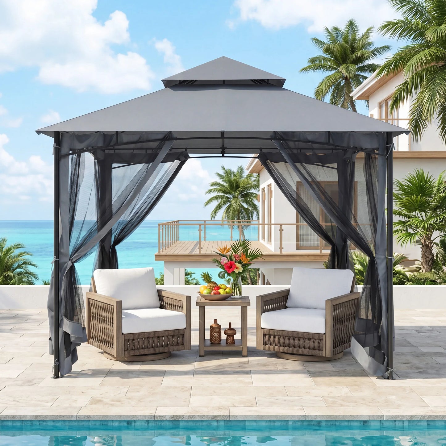 SeeHill Outdoor Gazebo Steel Frame With Double Roof Mosquito Netting