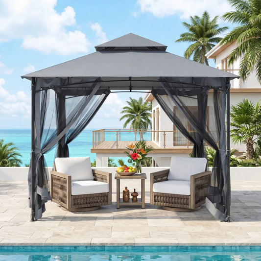 SeeHill Outdoor Gazebo Steel Frame With Double Roof Mosquito Netting