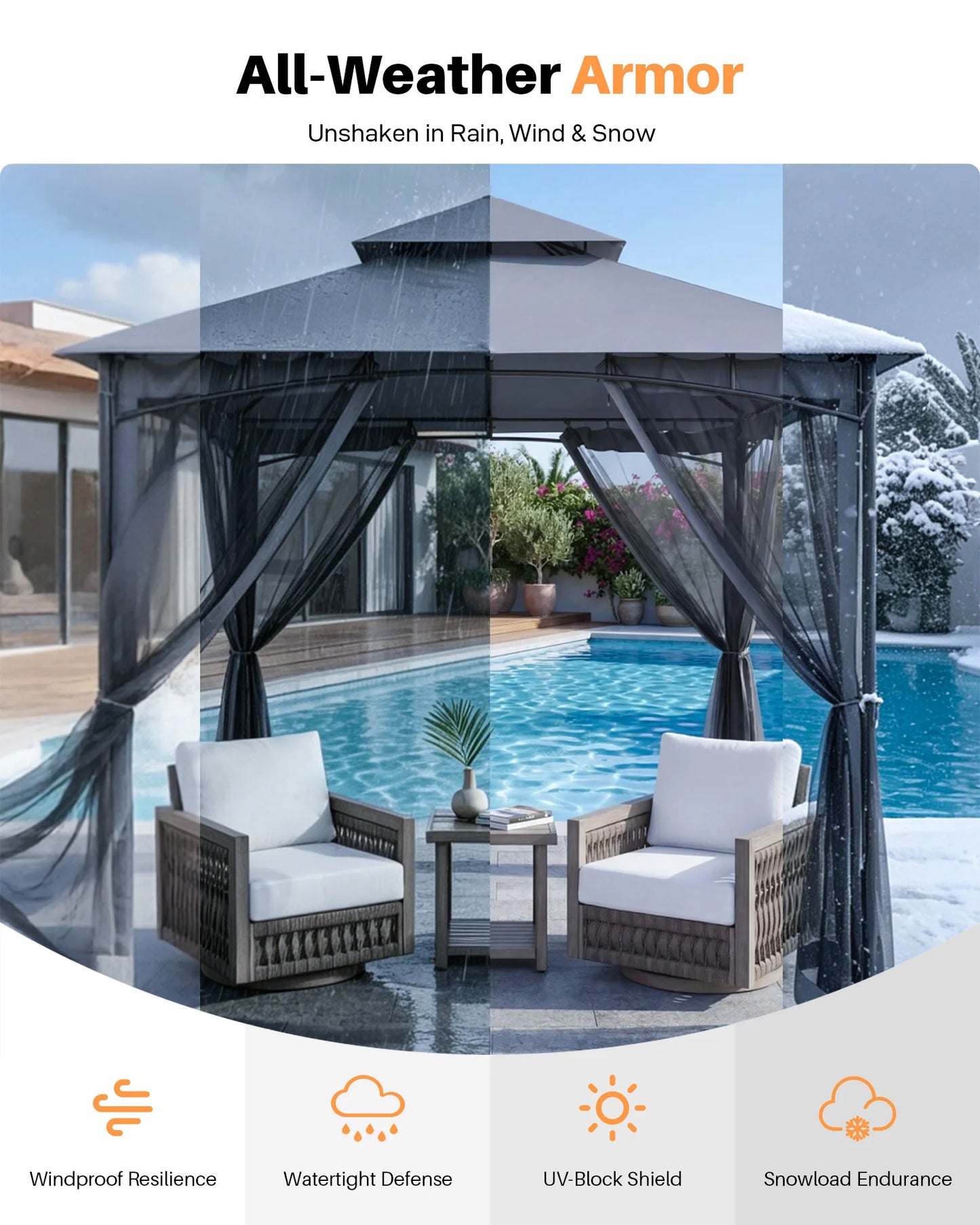 SeeHill Outdoor Gazebo Steel Frame With Double Roof Mosquito Netting
