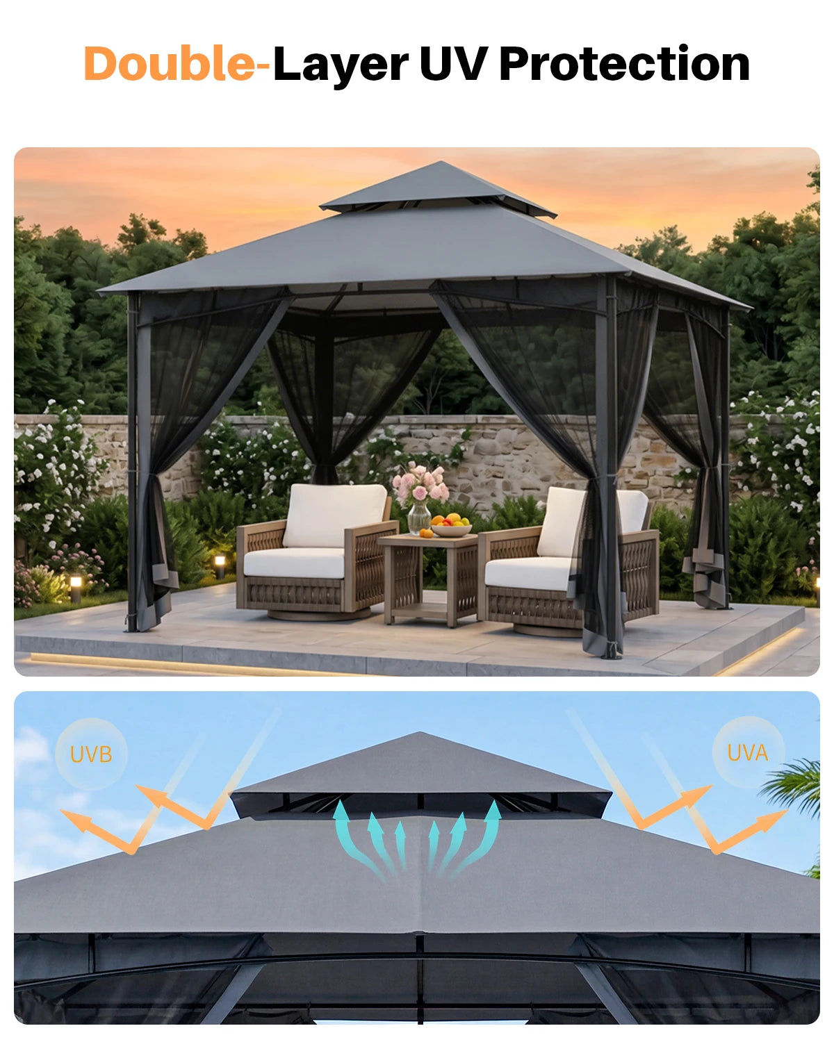 SeeHill Outdoor Gazebo Steel Frame With Double Roof Mosquito Netting