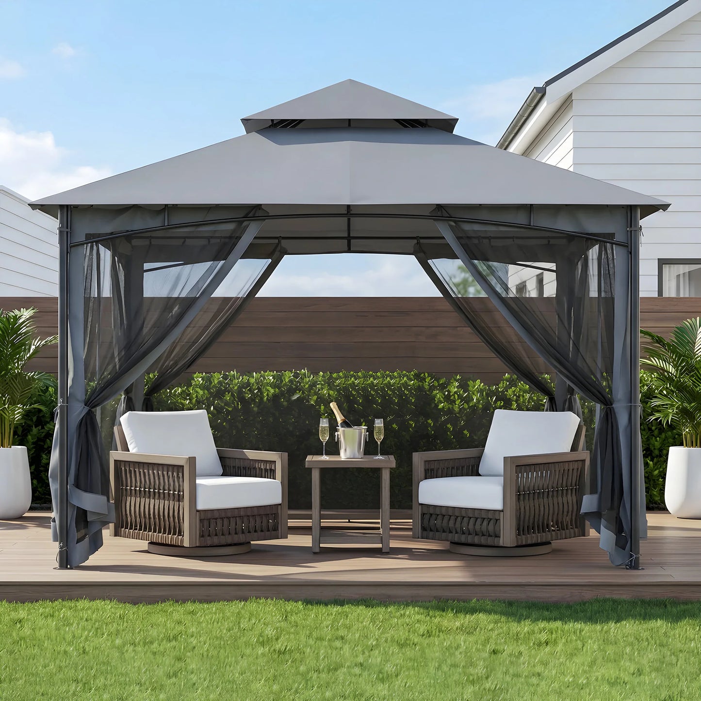 SeeHill Outdoor Gazebo Steel Frame With Double Roof Mosquito Netting