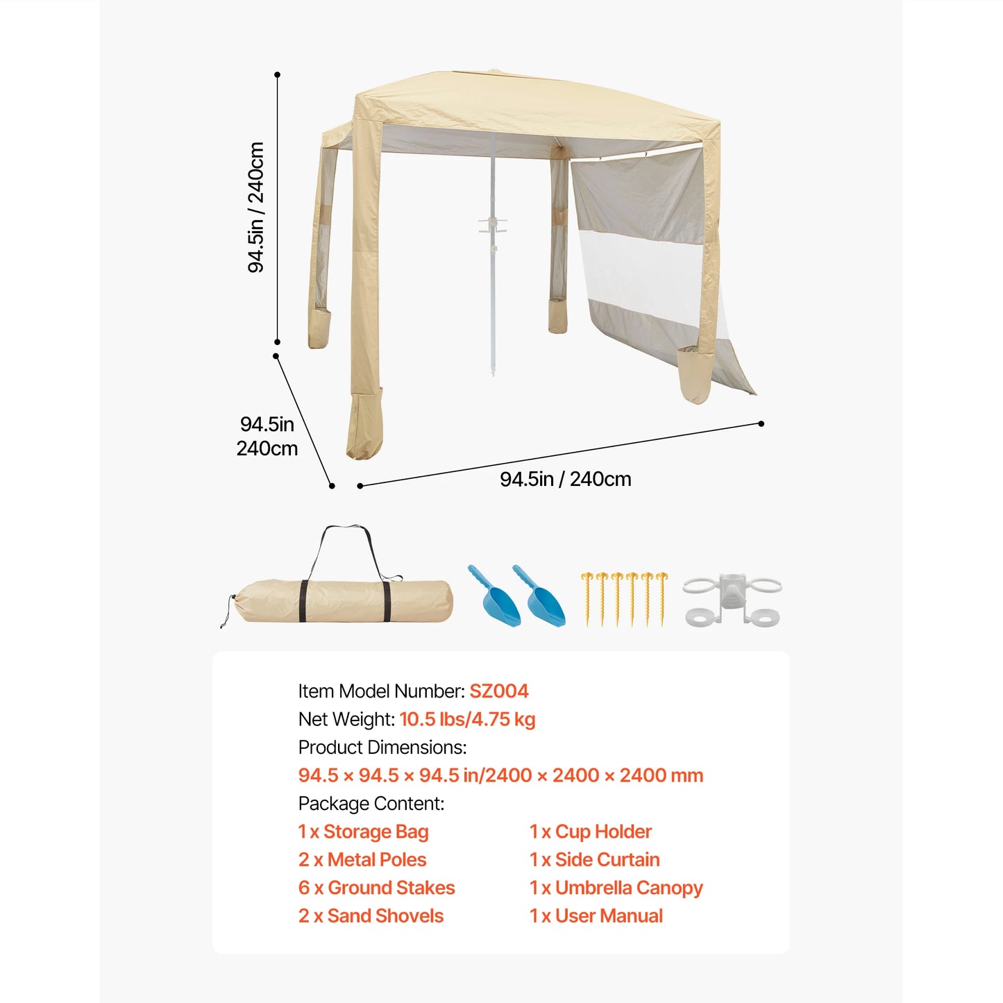 VEVOR Beach Cabana 6 x 6ft/8 x 8ft Beach Canopy with Side Wall Shade Sun Shelter Umbrella with Sand Pockets for Whole Family