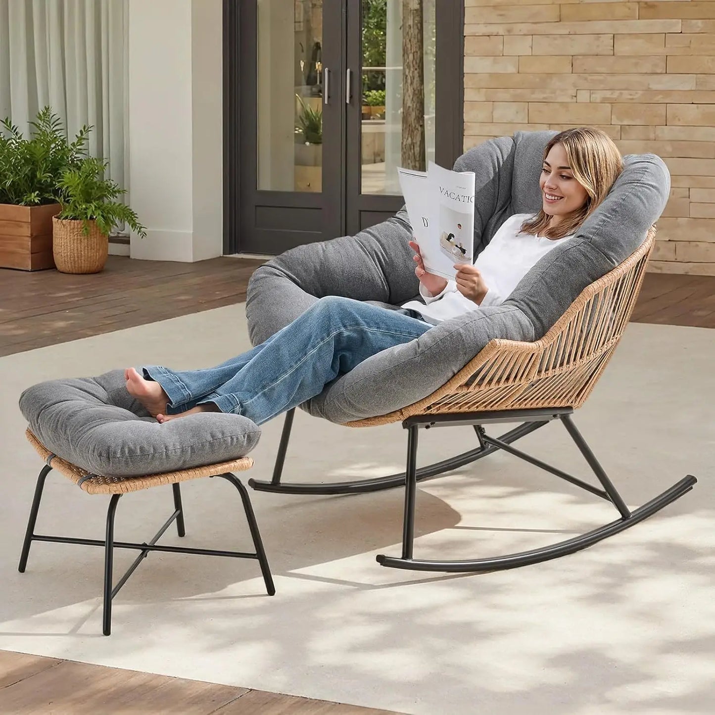 Papasan Rocking Chair With Ottoman For Indoor And Outdoor Living