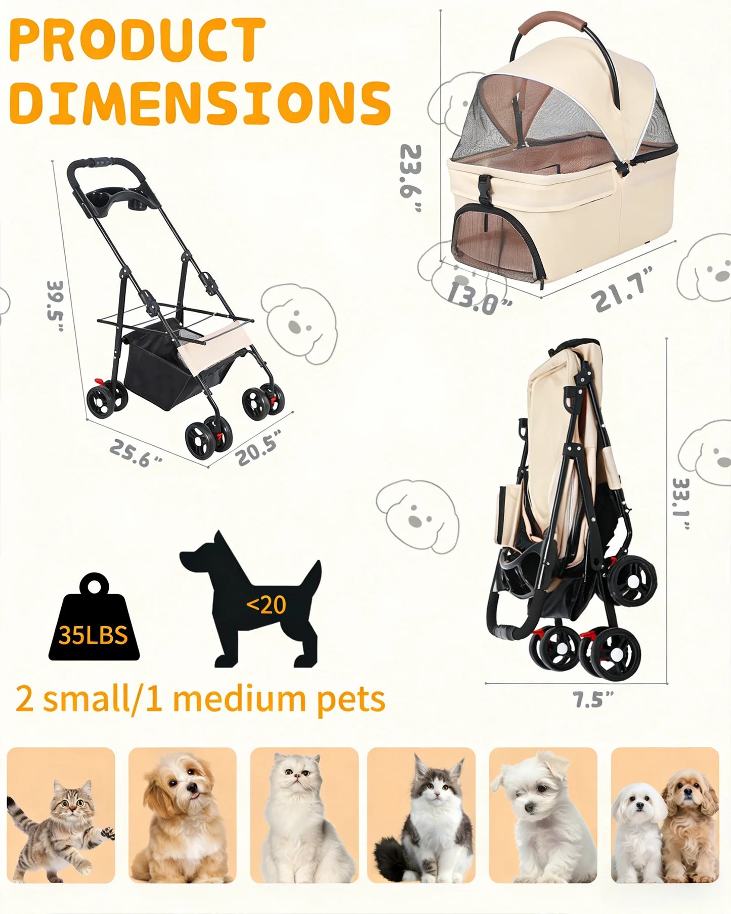 Cabusatly 2 In 1 Pet Stroller With Removable Carrier