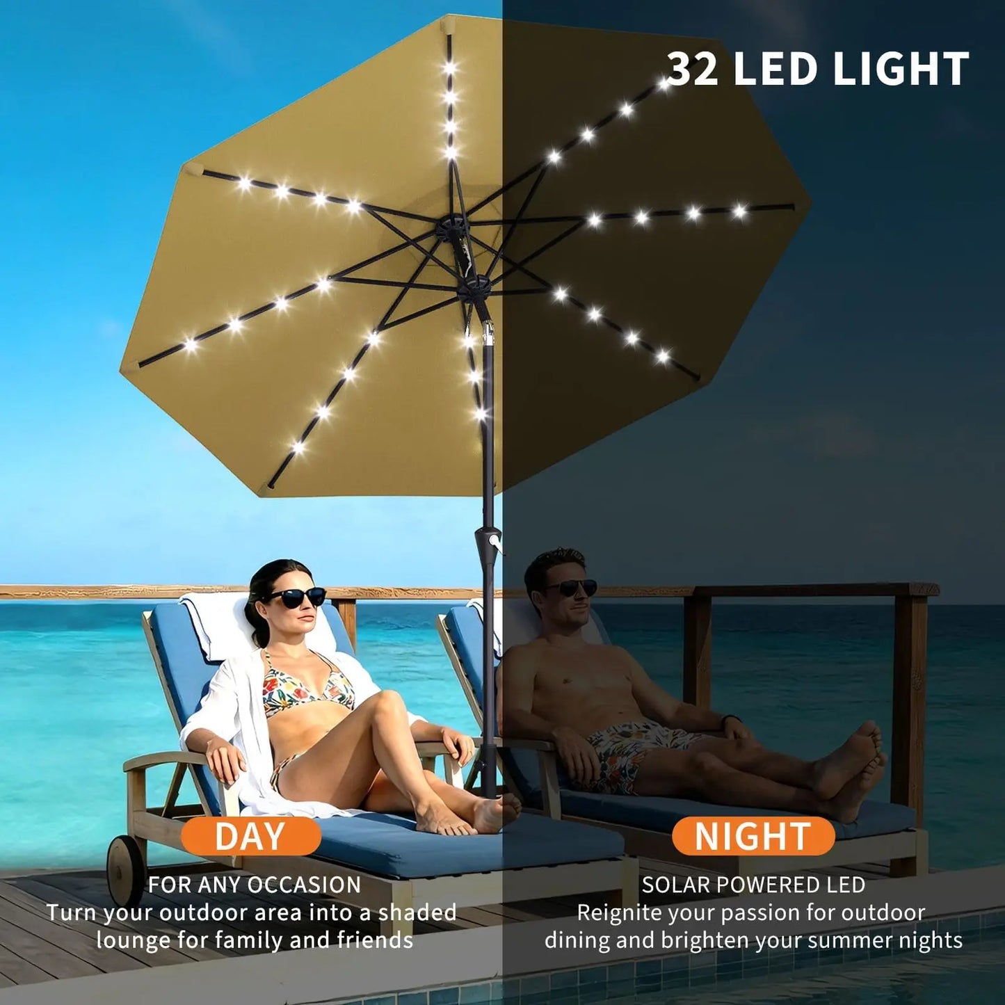 10FT Solar Powered Patio Umbrella With 32 LED Lights Khaki Large Outdoor Parasol Crank Lift And Push Button Tilt System 8 Sturdy Ribs UV Protection Waterproof Sun Umbrella For Garden Pool And Table