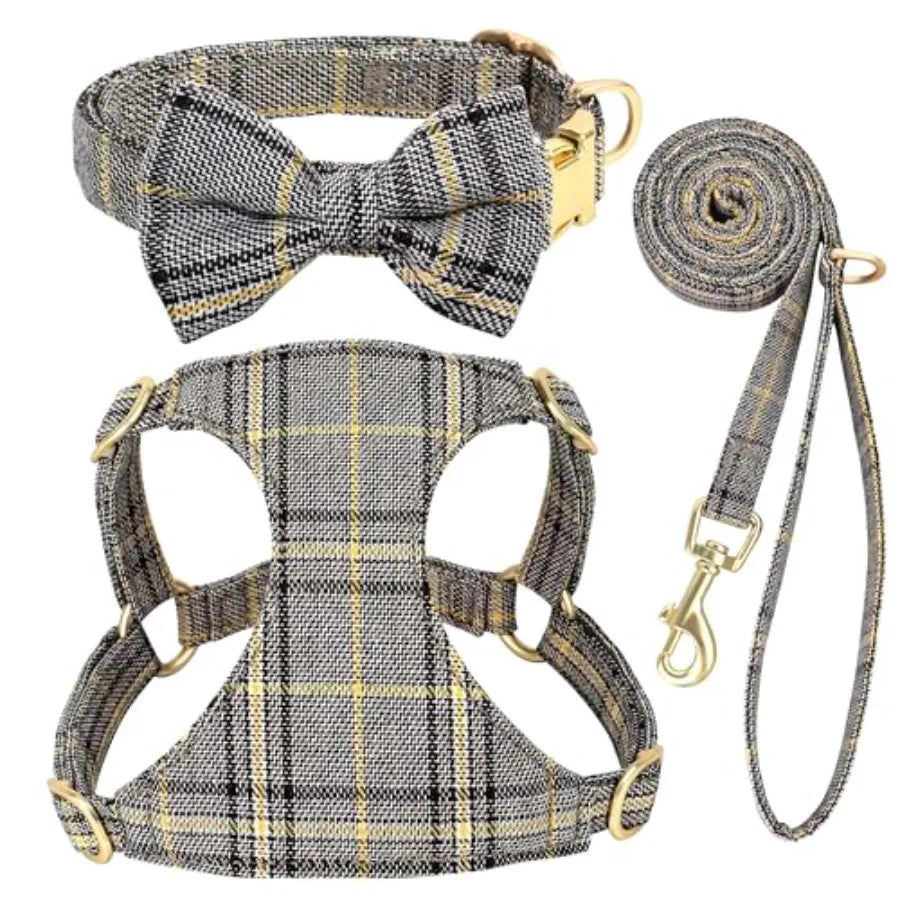 Dog Harness And Leash Set With Bowtie Soft Adjustable Plaid
