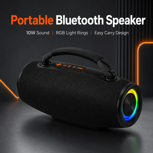 Portable Bluetooth Speaker with 10W Output, RGB Light Rings, 1200mAh Rechargeable Battery, Type-C Charging, FM Radio, TF Card & USB Playback, 78mm Driver, Carry Handle, Wireless Speaker for Home, Travel, Camping, Outdoor Use