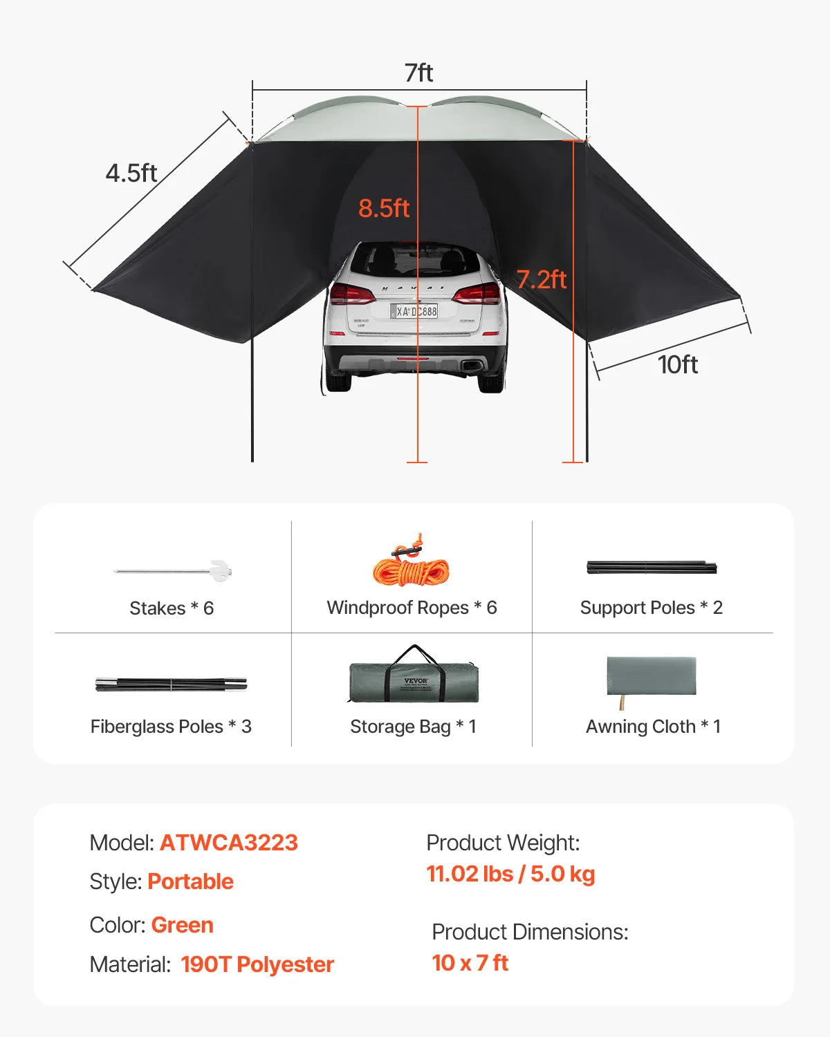 SucceBuy Vehicle Awning  Retractable Car Side Awning Car Awning with Waterproof Storage Bag  Suitable for Truck SUV Van Campers