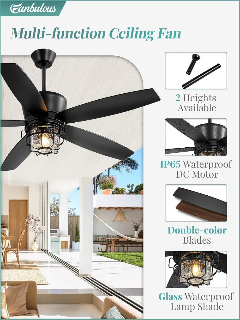 Outdoor Ceiling Fan With Lights And Remote IP65 Wet Rated
