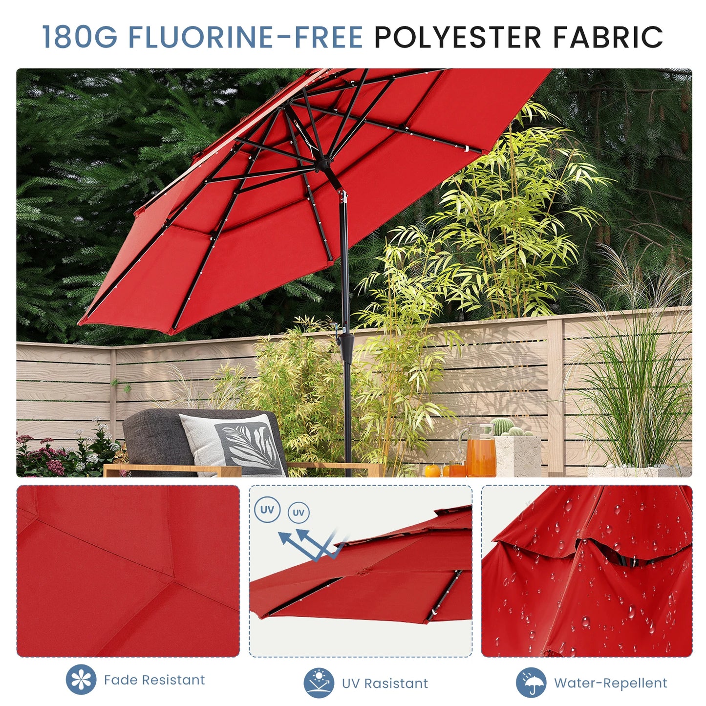 Outdoor Solar Patio Umbrella With 32 LED Lights UV Resistant