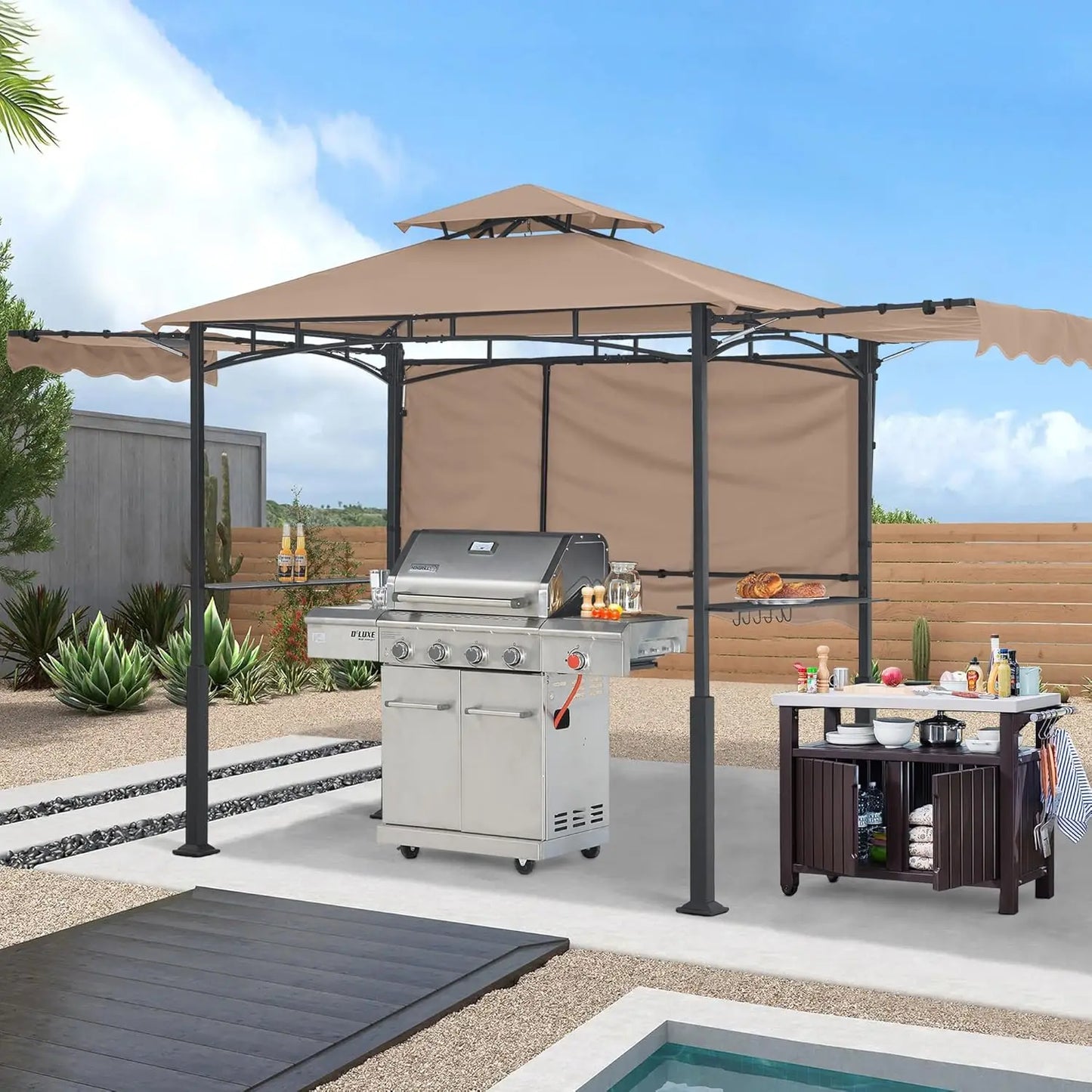 Grill Gazebo with 3 Side Awnings - 14x5 Outdoor BBQ Canopy Shelter with 2 Led Lights for Patio Backyard Grilling, Customized