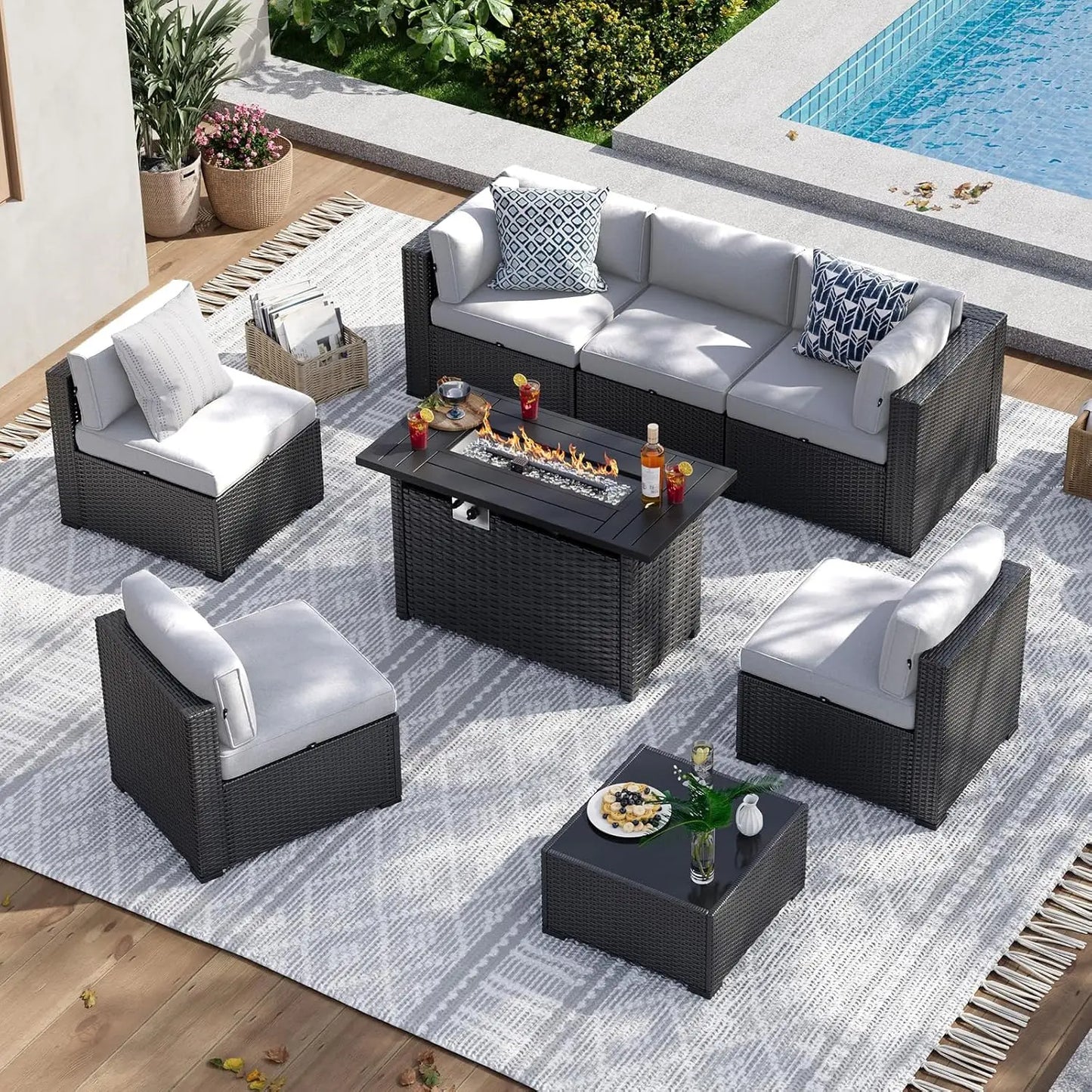 Patio Furniture Set With Fire Pit Table And Wicker Sofa