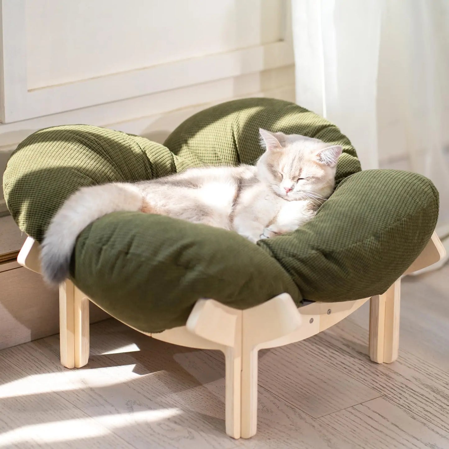 Elevated Cat Bed Wooden with Cushion Fluffy Pet Couch Sofa for Indoor Cats Raised Kitty Lounge Chair Suitable for