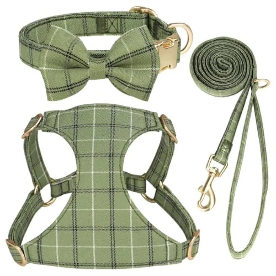 Dog Harness And Leash Set With Bowtie Soft Adjustable Plaid