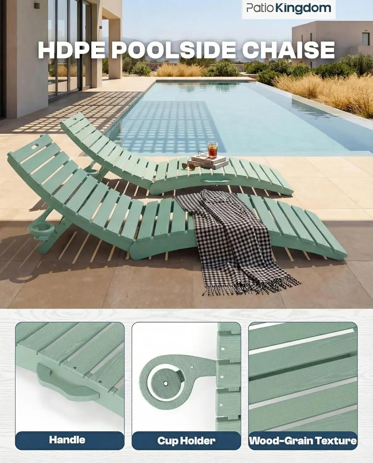 HDPE Pool Lounge Chairs Foldable Outdoor Chaise Loungers Cup Holder