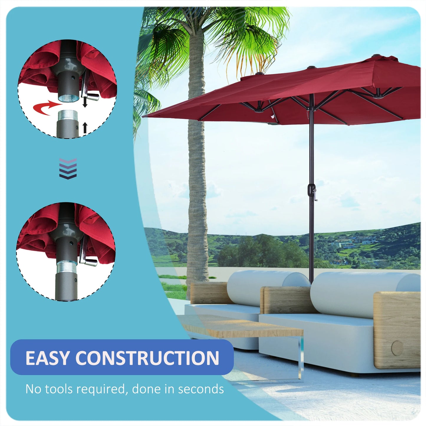 Extra Large 15ft Patio Umbrella, Double-Sided Outdoor Umbrella with Crank Handle and Air Vents for Backyard, Deck, Pool, Market, Red