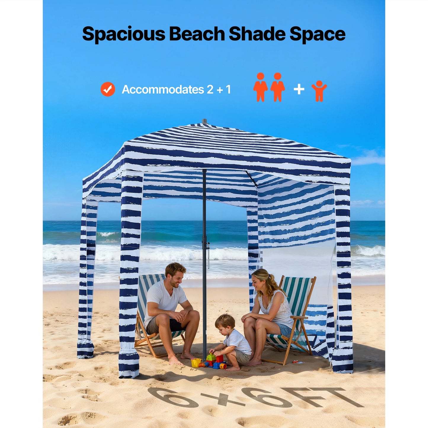 VEVOR Beach Cabana 6 x 6ft/8 x 8ft Beach Canopy with Side Wall Shade Sun Shelter Umbrella with Sand Pockets for Whole Family
