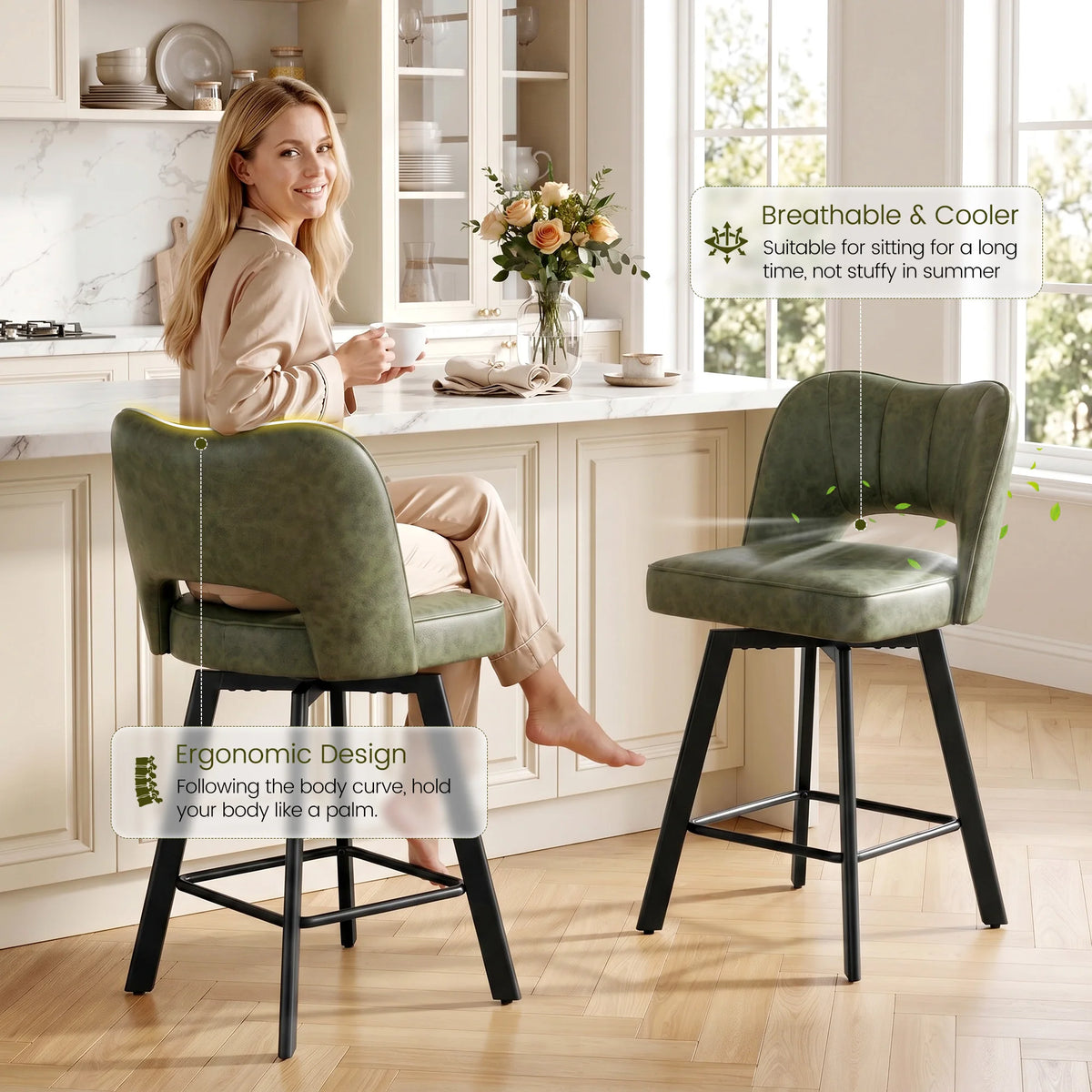 Modern Adjustable Height PU Leather Swivel Bar Stools
