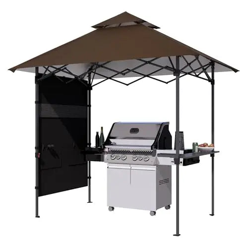 8x5 Pop Up Grill Gazebo - Outdoor BBQ Canopy with Shelf & Sidewall, Portable Barbeque Shelter with 2 Magnetic LED