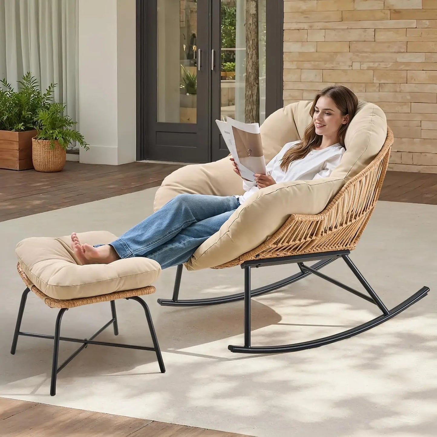 Papasan Rocking Chair With Ottoman For Indoor And Outdoor Living