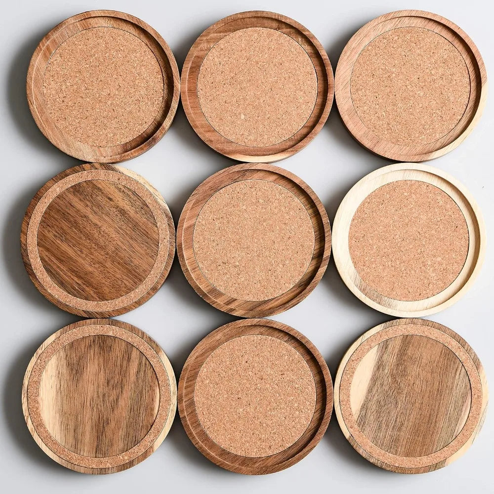 Rustic Acacia Wood Coasters Set of 6, Absorbent Cork Inserts, 4.13 Inch, Stackable Cup Holders for Tables
