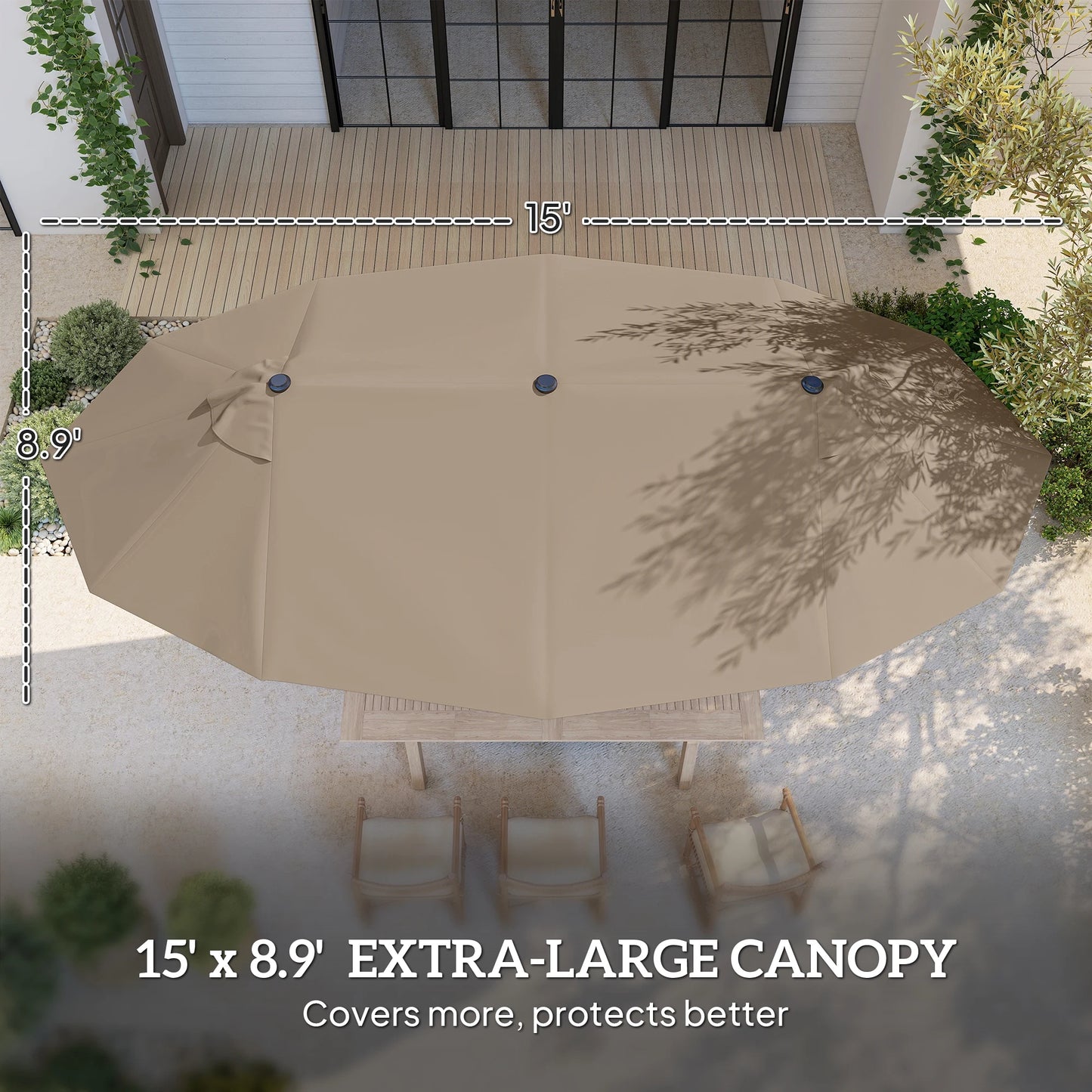 Patio Umbrella 15' Steel Rectangular Outdoor Double Sided Market with Base, Sun Protection & Easy Crank for Deck Pool Patio, Coffee