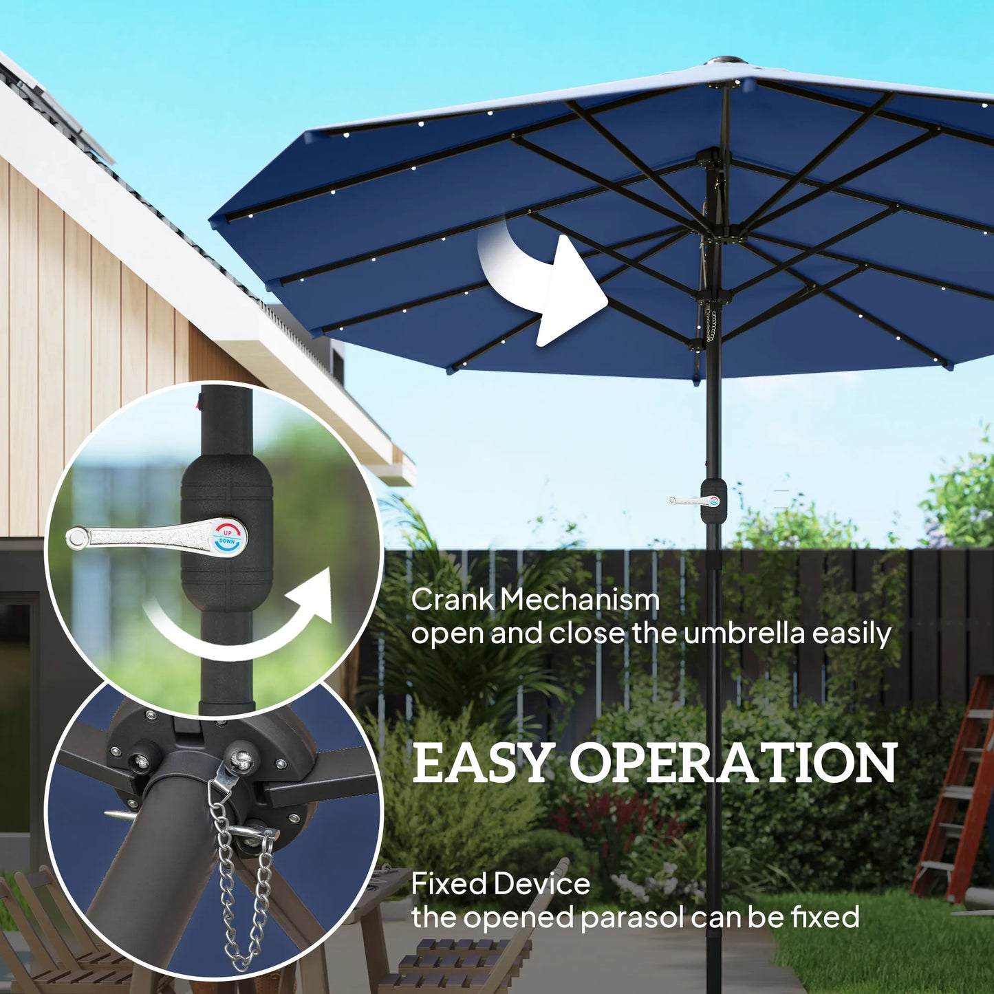 Double-Sided Sun Umbrella, Outdoor Garden Parasol, Patio Sun Shade with Led Solar Light, Sand Base, Navy Blue