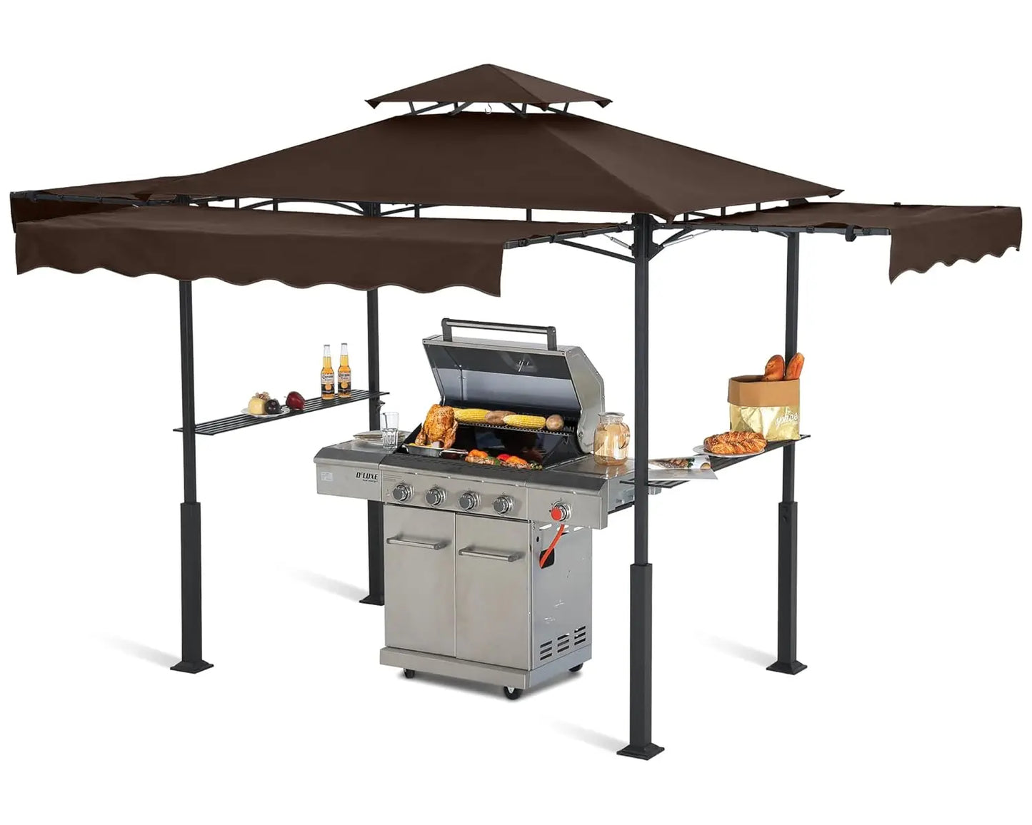 Grill Gazebo with 3 Side Awnings - 14x5 Outdoor BBQ Canopy Shelter with 2 Led Lights for Patio Backyard Grilling, Customized