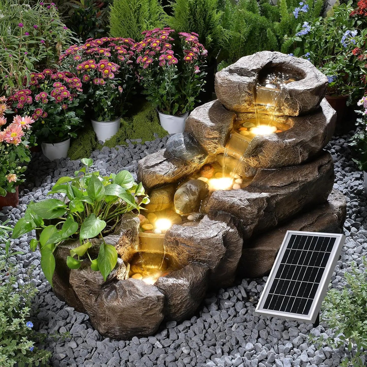 Solar Powered 5-Tier Rock Water Fountain Outdoor Garden